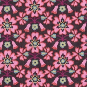 May include: A repeating floral pattern featuring large pink flowers with yellow and blue centers, set against a dark brown background. The design includes smaller flowers and bell-shaped accents, creating a symmetrical, decorative textile print.