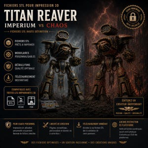 Może przedstawiać: Reklama plików do druku 3D z dwiema szczegółowymi figurami robotów, jedną niebieską i jedną czerwoną, zatytułowana "Titan Reaver: Imperium vs Chaos". Obraz zawiera tekst o plikach STL, wysokiej rozdzielczości i kompatybilności z drukarkami 3D. Podkreśla również użytkowanie osobiste i swobodę twórczą.