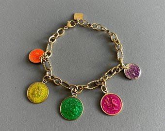 Gold Plated Stainless Steel Bracelet with Rainbow Coins/Classic Design with a Modern Twist/Gift for her/Gold bracelet/Haribo charm