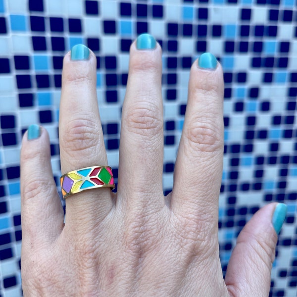 Colourful enamel gold plated stainless steel ring/Statement ring/Funky Ring/Stainless steel/Summer fashion/Rainbow/ Adjustable ring
