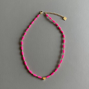 Pink Soft Polymer Clay Bead Necklace with Gold Plated Stainless Steel Steel and Green Beads / Fashion Jewellery image 1