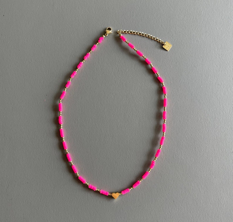 Pink Soft Polymer Clay Bead Necklace with Gold Plated Stainless Steel Steel and Green Beads / Fashion Jewellery image 1