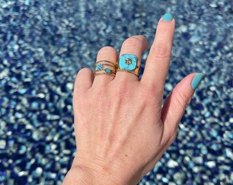 Gold plated stainless steel turquoise ring/Statement ring/Daisy Ring/Stainless steel/Summer fashion/Rainbow/ Adjustable ring