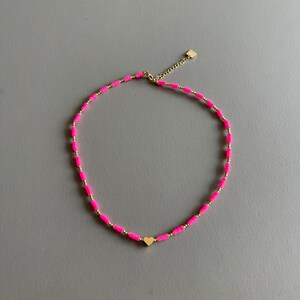 Pink Soft Polymer Clay Bead Necklace with Gold Plated Stainless Steel Steel and Green Beads / Fashion Jewellery image 2