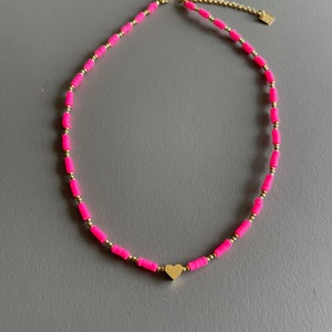 Pink Soft Polymer Clay Bead Necklace with Gold Plated Stainless Steel Steel and Green Beads / Fashion Jewellery image 5