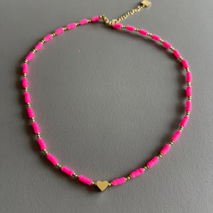 Pink Soft Polymer Clay Bead Necklace with Gold Plated Stainless Steel Steel and Green Beads / Fashion Jewellery image 3