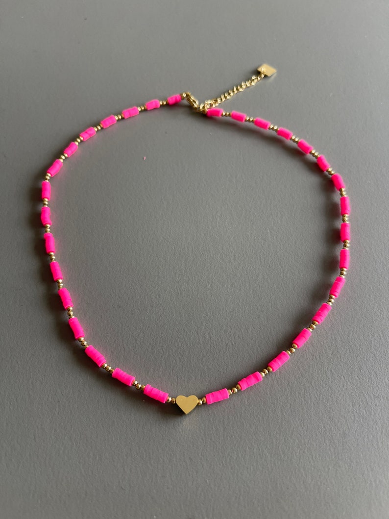 Pink Soft Polymer Clay Bead Necklace with Gold Plated Stainless Steel Steel and Green Beads / Fashion Jewellery image 3