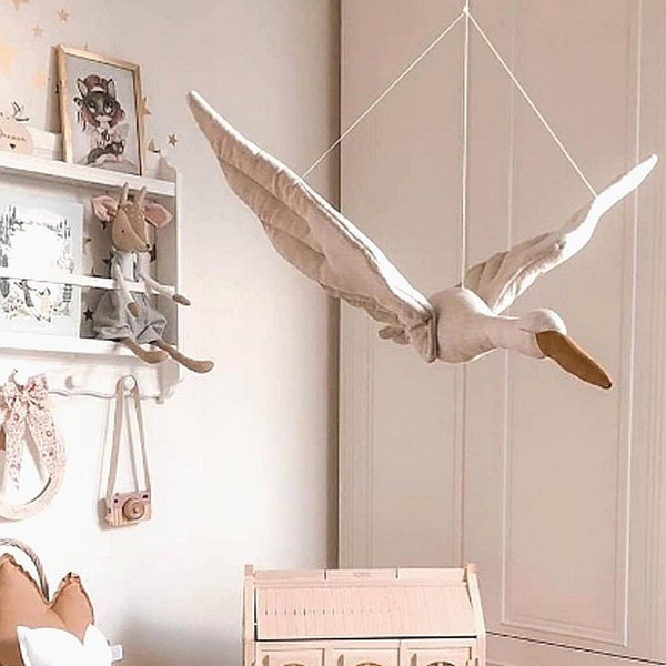 Nordic style nursery décor, Hanging Stork Nursery Décor, Stork Animal Wall Hanging, Baby Animal Mobile, Neutral Nursery Animal Accessories