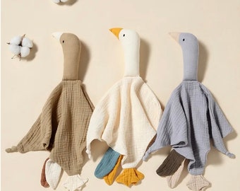 Doudou bébé oie jouet, mousseline bébé Lovey, couverture de sécurité canard en coton bio avec nœuds, oie bébé sexe neutre, cadeau de naissance