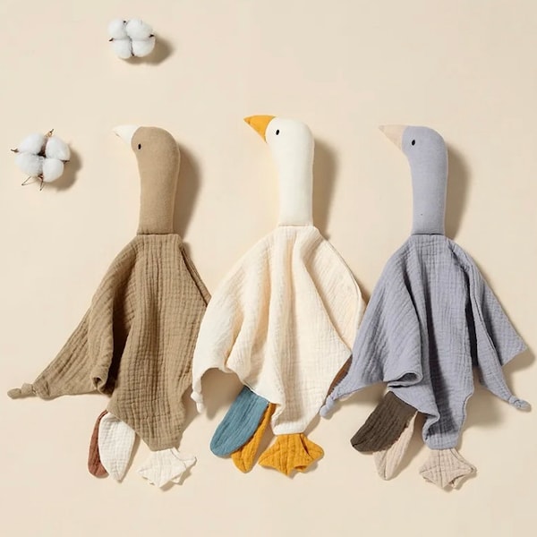 Doudou bébé oie jouet, mousseline bébé Lovey, couverture de sécurité canard en coton bio avec nœuds, oie bébé sexe neutre, cadeau de naissance