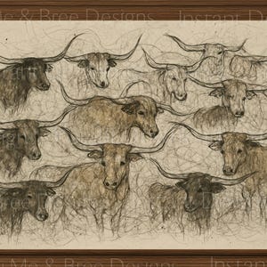 Longhorn Line Art Print, Minimalist Western Wall Decor, Ranch Style Cow Outline, Southwest Digital Download, Western Abstract Wall Art
