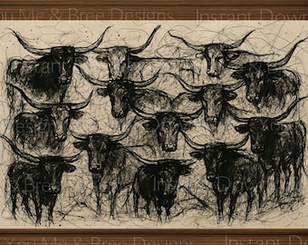 Black and White Longhorn Prints, Moody Western Abstract Home Decor, Western Wall Art, Rustic Living Room Home Decor, Digital Prints
