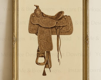 Tooled Saddle Poster, Western Cowboy Wall Art, Rustic Ranch Decor, Vintage Horse Saddle Artwork, Digital Download, Saddle Wall Art