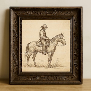 Western Art Printables, Cowboy On Horseback, Western Wall Art, Cowboy on a Horse Sketch Print, Vintage Cowboy Art, Western Cowboy Prints