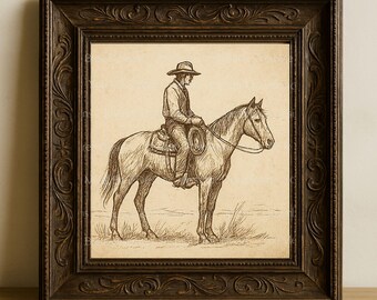 Utskrift av västerländsk konst, cowboy till häst, konst över västra väggen, skiss av cowboy på häst, vintage cowboykonst, western cowboytryck