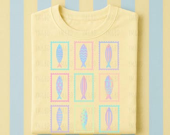 Pastel Fish Stamp PNG, Coquette Ocean Shirt Design, Retro Sea Life Sublimation Download, Cute Coastal Graphic for Kids or Summer, Summer png