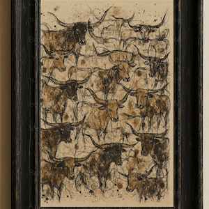 Pode incluir: Um desenho a preto e branco de um rebanho de gado de chifres longos. O desenho está sobre um fundo bege com manchas marrons.
