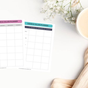 May include: Three printable "Vision & Values Planner" worksheets with different colored headers: light blue, pink, and dark gray. The worksheets are on a white surface with a cup of coffee and a white fabric.