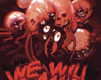 May include: A red and white graphic design with the text "We will become whole" in a bold, stylized font. The design features a monstrous, multi-eyed creature with a red, fleshy body.