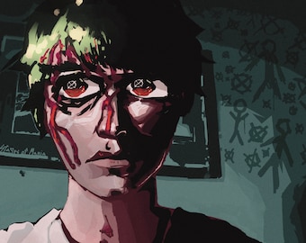 May include: A young person with green hair and blood on their face looks directly at the viewer. The person is wearing a white shirt and has a dark background with stick figures and the text "Stages of Mania" on a framed picture behind them.