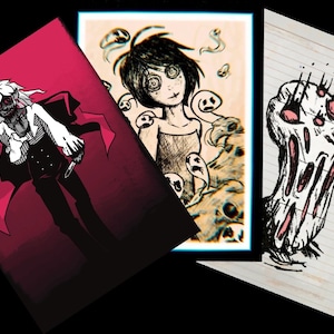 May include: Three different illustrations, each on a separate piece of paper. The first illustration is a black and white drawing of a person with long white hair and a red cape. The second illustration is a black and white drawing of a person with black hair and a white dress, surrounded by ghosts. The third illustration is a black and white drawing of a monster with pink eyes and a mouth.