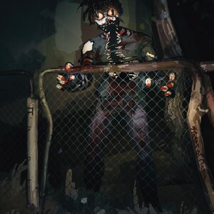 May include: A horrifying figure with a grotesque mask and torn clothing stands behind a chain-link fence. The figure's skin is pale and bloody, and its eyes are wide and vacant. The fence is rusty and weathered, and the background is dark and ominous. The text "Hages of Mania" is visible on the fence.