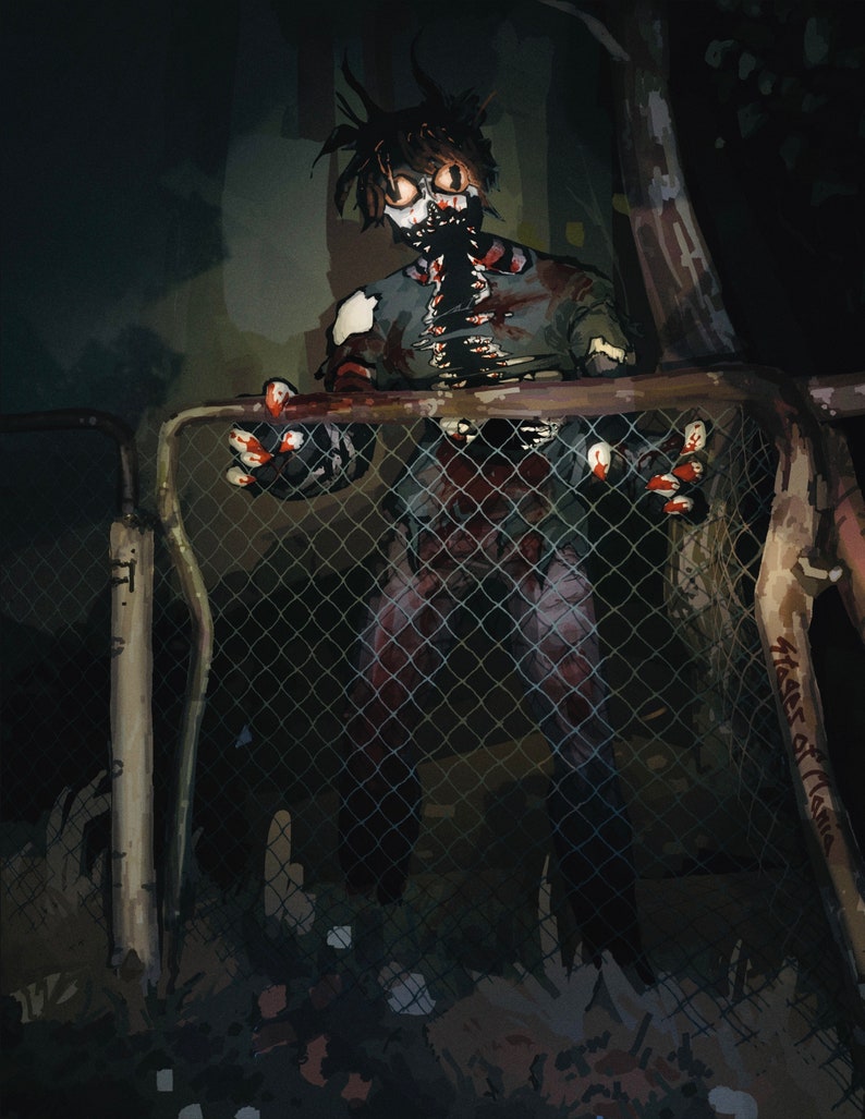 May include: A horrifying figure with a grotesque mask and torn clothing stands behind a chain-link fence. The figure's skin is pale and bloody, and its eyes are wide and vacant. The fence is rusty and weathered, and the background is dark and ominous. The text "Hages of Mania" is visible on the fence.