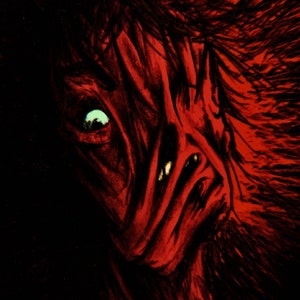May include: A digital painting of a creature with a red, fleshy face and a single, glowing green eye. The creature's mouth is open, revealing sharp teeth. The creature's hair is long and black, and it is partially obscured by shadows.