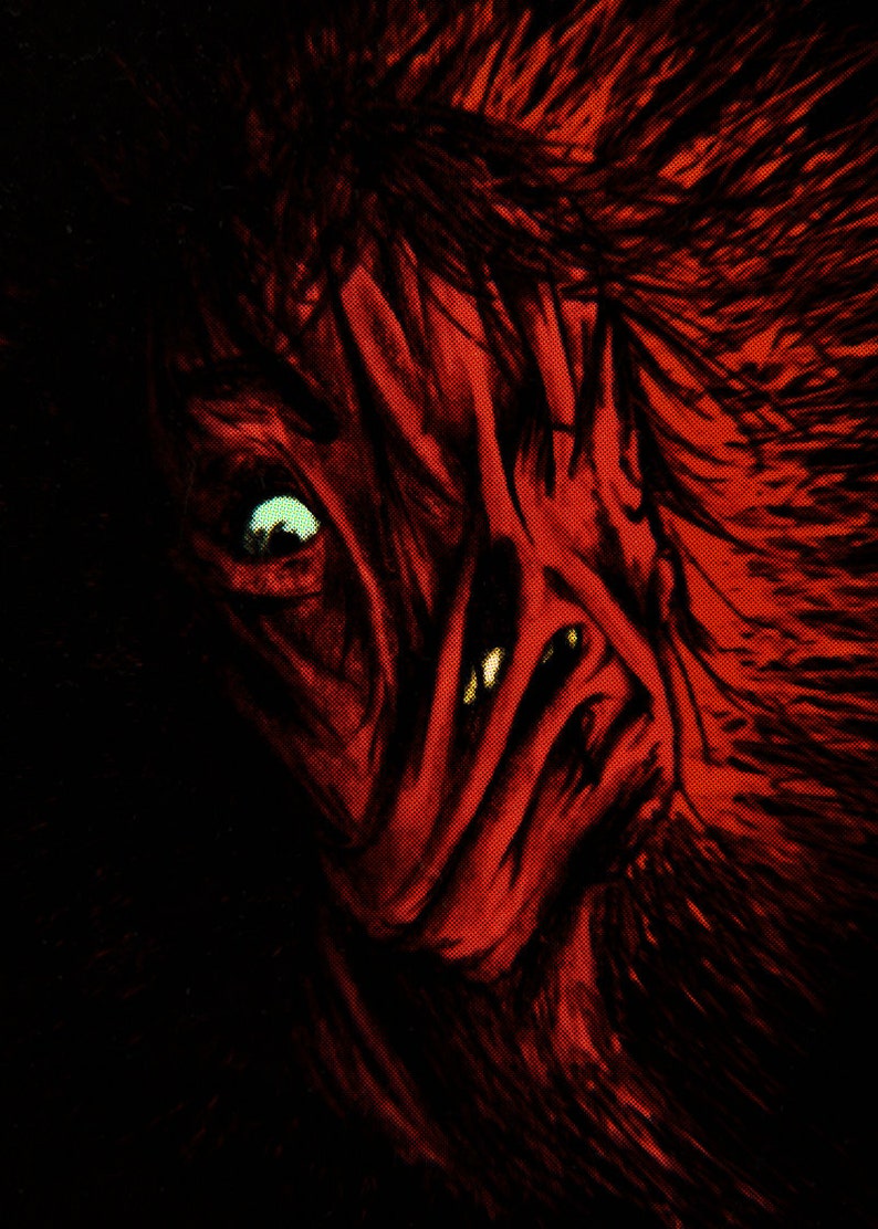 May include: A digital painting of a creature with a red, fleshy face and a single, glowing green eye. The creature's mouth is open, revealing sharp teeth. The creature's hair is long and black, and it is partially obscured by shadows.