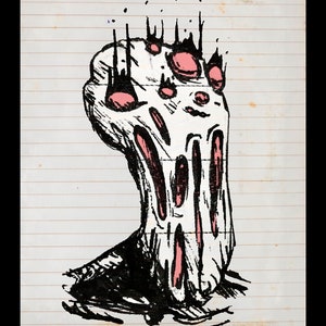 May include: A black and white drawing of a melting, dripping, grotesque figure with pink eyes and a mouth. The figure is drawn on a lined notebook page.
