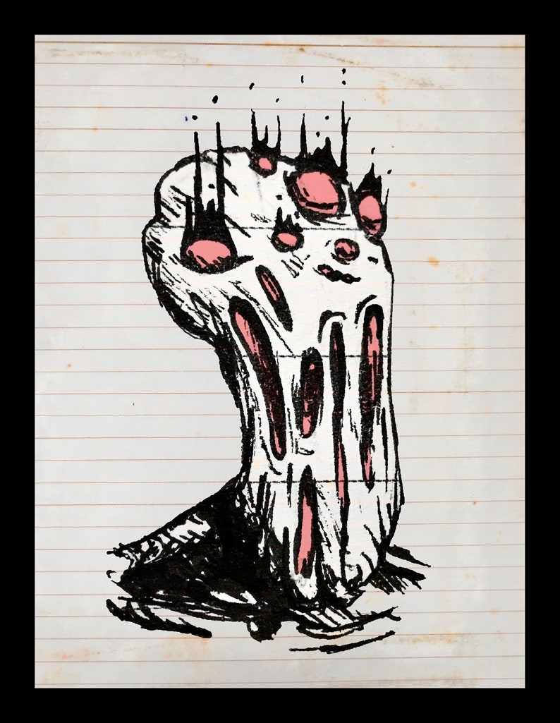 May include: A black and white drawing of a melting, dripping, grotesque figure with pink eyes and a mouth. The figure is drawn on a lined notebook page.