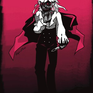 May include: A black and white illustration of a person with white hair, wearing a black suit, a white shirt, and a red cape. The person has red eyes and a bloody mouth. The person is holding a knife in their right hand. The background is a dark red color.
