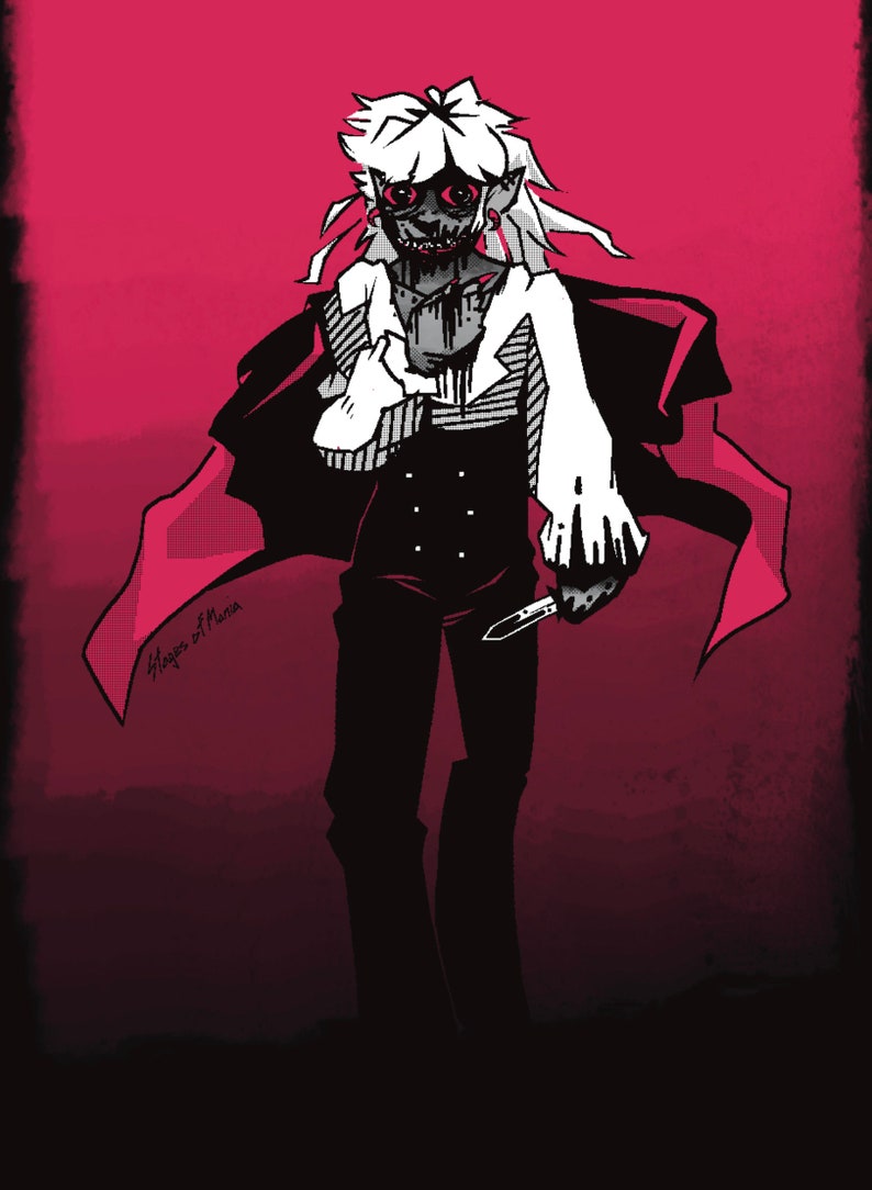 May include: A black and white illustration of a person with white hair, wearing a black suit, a white shirt, and a red cape. The person has red eyes and a bloody mouth. The person is holding a knife in their right hand. The background is a dark red color.