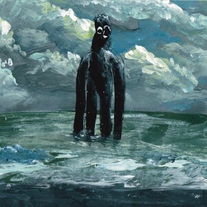 May include: A black figure with large white eyes stands in a body of water with a stormy sky above.