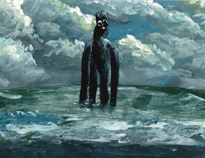 May include: A black figure with large white eyes stands in a body of water with a stormy sky above.
