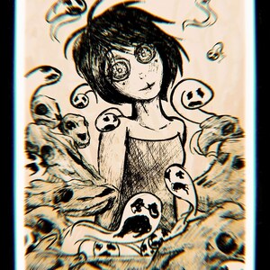 May include: A black and white digital illustration of a person with large eyes and a wide smile surrounded by swirling, ghostly figures.
