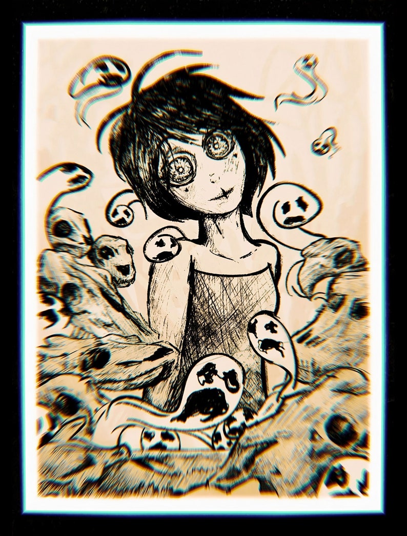 May include: A black and white digital illustration of a person with large eyes and a wide smile surrounded by swirling, ghostly figures.