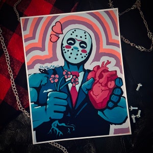 Friday the 13th Valentine; Jason&#39;s Change of Heart Art Print; Jason Voorhees, Valentine’s Day gift for slasher fans horror