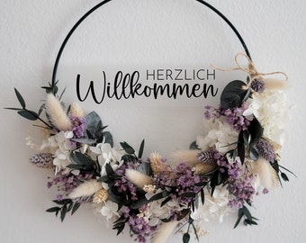 Dried flower wreath purple white eucalyptus - wedding flower hoop - customizable door wreath