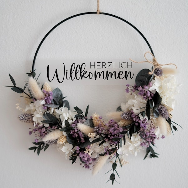 Trockenblumen Kranz lila weiß Eukalyptus -  Hochzeit Flowerhoop - personalisierbarer Türkranz