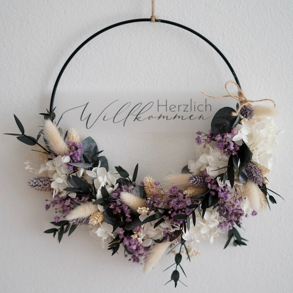 Trockenblumen Kranz lila weiß Eukalyptus -  Hochzeit Flowerhoop - personalisierbarer Türkranz