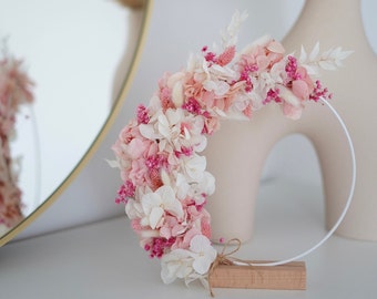 Stehender Trockenblumen Kranz rosa Hortensie -  Hochzeitsdekoration - personalisierbar - Blumen Tischdeko