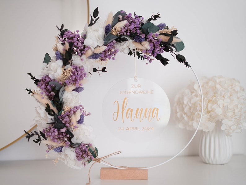 Trockenblumen Kranz lila weiß Eukalyptus Hochzeit Flowerhoop personalisierbarer Türkranz Bild 6