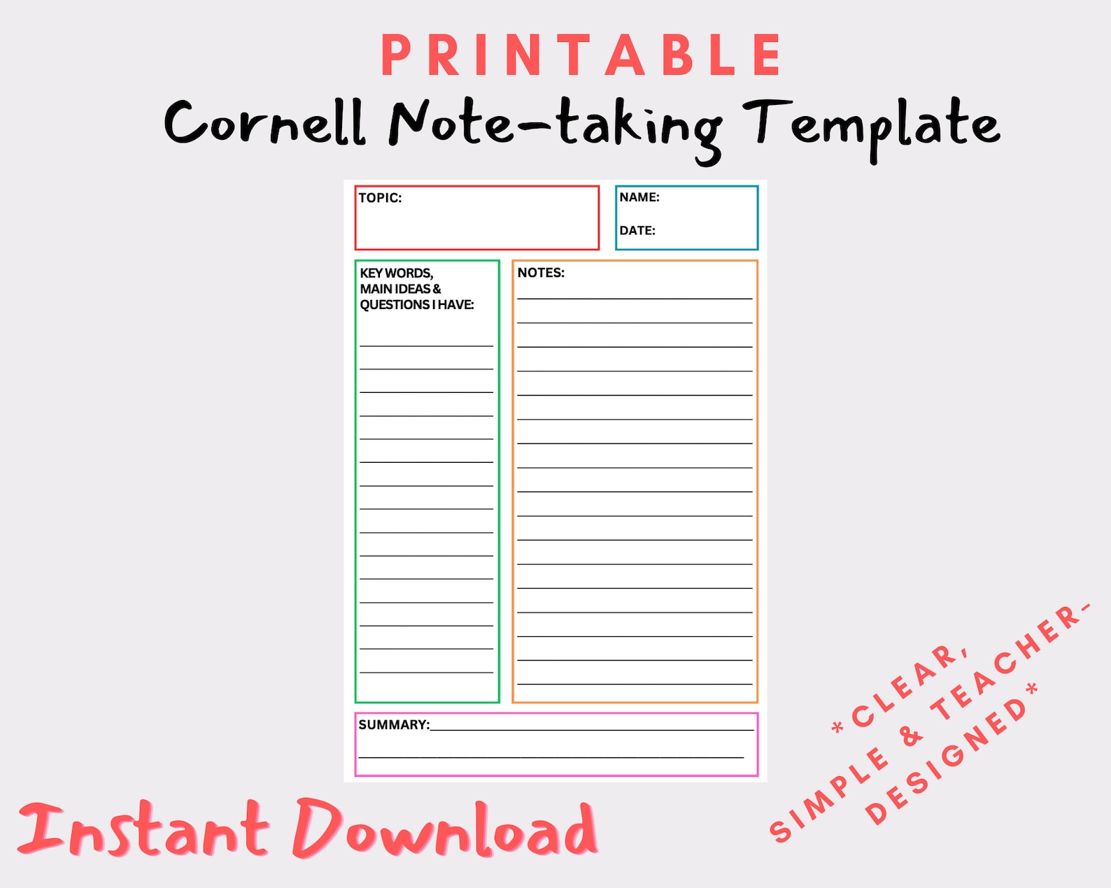 Cornell Note Taking Template *~simple~* - Etsy