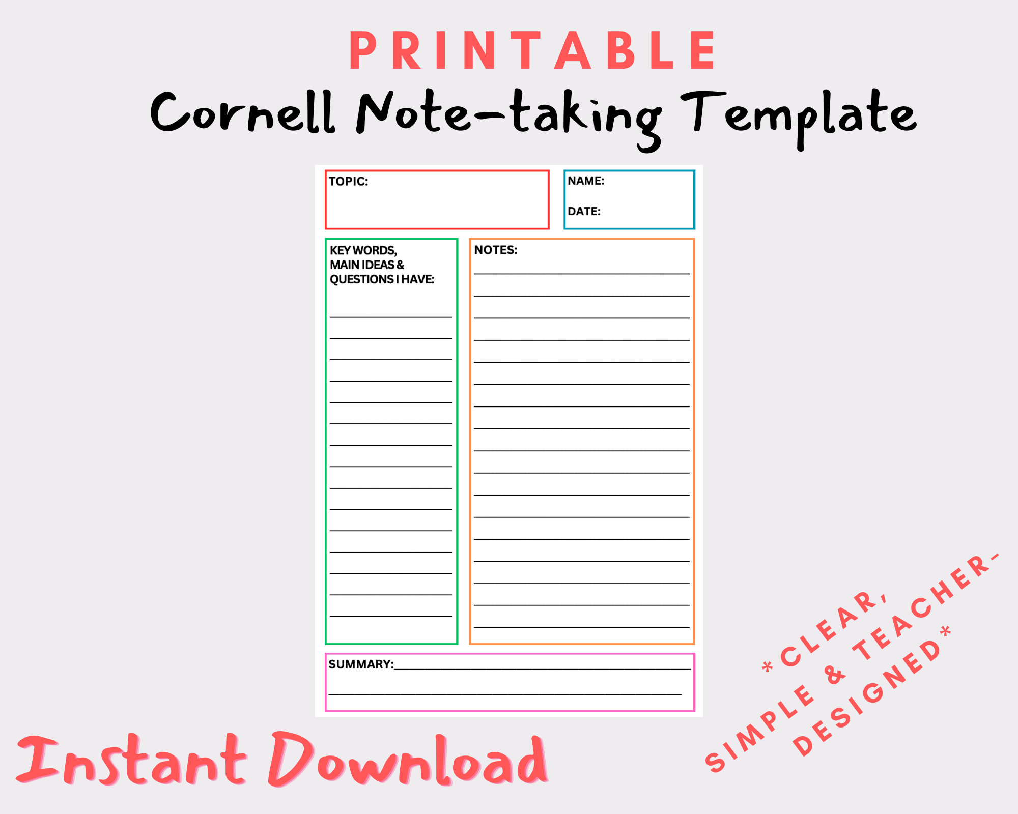 Cornell Note Taking Template simple (Instant Download) 