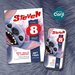 Invito di compleanno Lilo e Stitch modificabile digitale e stampabile - Inviti per feste per bambini 5x7 Design adatto ai dispositivi mobili (tema Disney Ohana)
