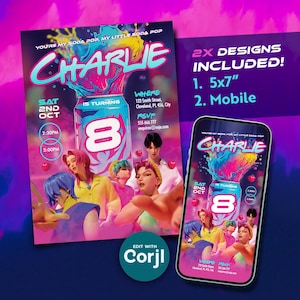 Op de afbeelding: Een levendig uitnodigingsontwerp met de naam "Charlie" in een gestileerd lettertype, met een kleurrijke frisdrankblik-afbeelding. De uitnodiging bevat evenementdetails, datum, tijd en RSVP-informatie. Beschikbaar in 5x7" en mobiele formaten.
