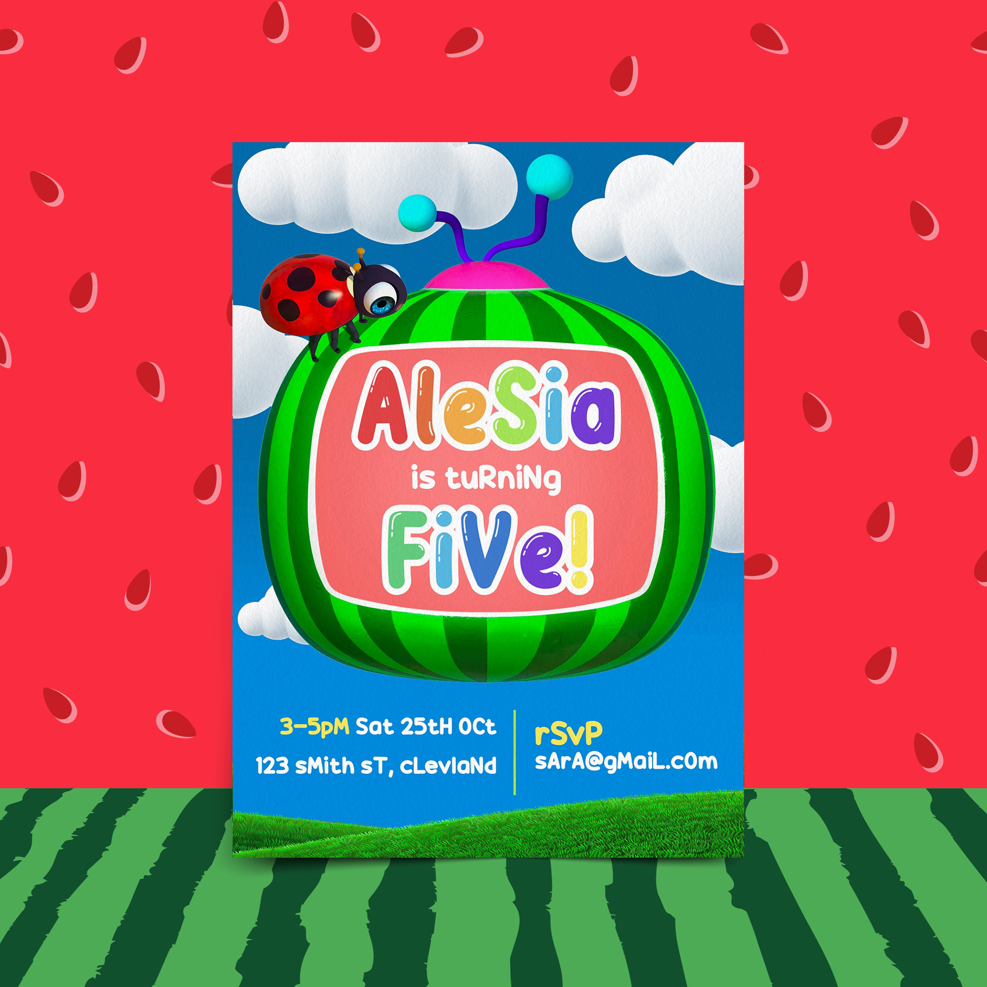 Kids Birthday Invitation, Melon Birthday Invite, Kids Party Invitation, Editable Invitation, Invite Template, Instant Download