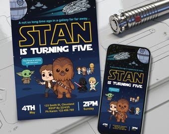May include: A blue and yellow Star Wars themed birthday invitation for a boy turning five. The invitation features a cartoon image of Chewbacca and Han Solo. The text on the invitation reads "A not so long time ago in a galaxy far far away... Stan is turning five. The Force is strong with this one! 4th May 2PM Sunday 123 Smith St, Cleveland RSVP By 22/4/25 Ph Karen: 123 456 789"
