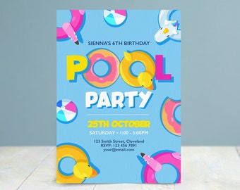 Pool Party Birthday Invitation, Pool Birthday Invite, Kids Party Invitation, Editable Invitation, Invite Template, Instant Download